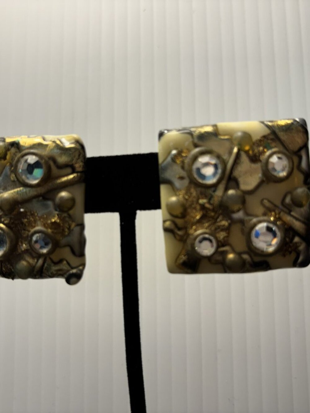 Retro Style Gold Tone Rhinestone Abstract Square Statement Earrings 1.25"